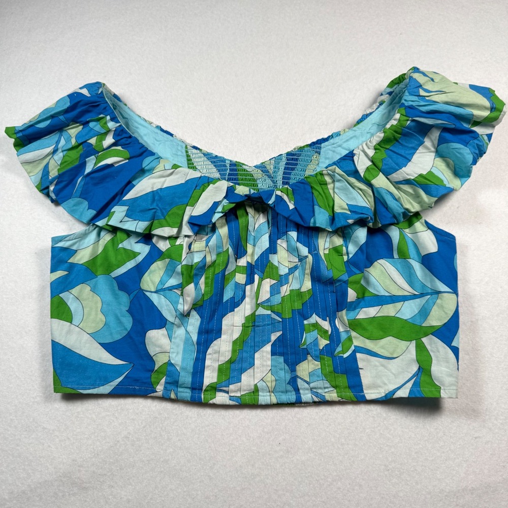 Maeve Anthropologie Blue Green Tropical Leaf Ruffle Off Shoulder Crop Top Large